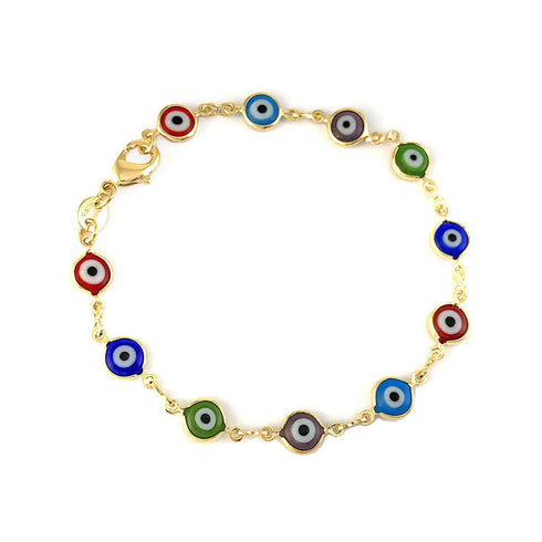 Discover the Unisex Bracelet with Multicolor Turkish Evil Eye, crafted in stunning 14k gold-fill and adorned with colorful circular charms in vibrant hues such as red, blue, green, and black. This sophisticated piece includes a Turkish Evil Eye charm for added spiritual protection.
